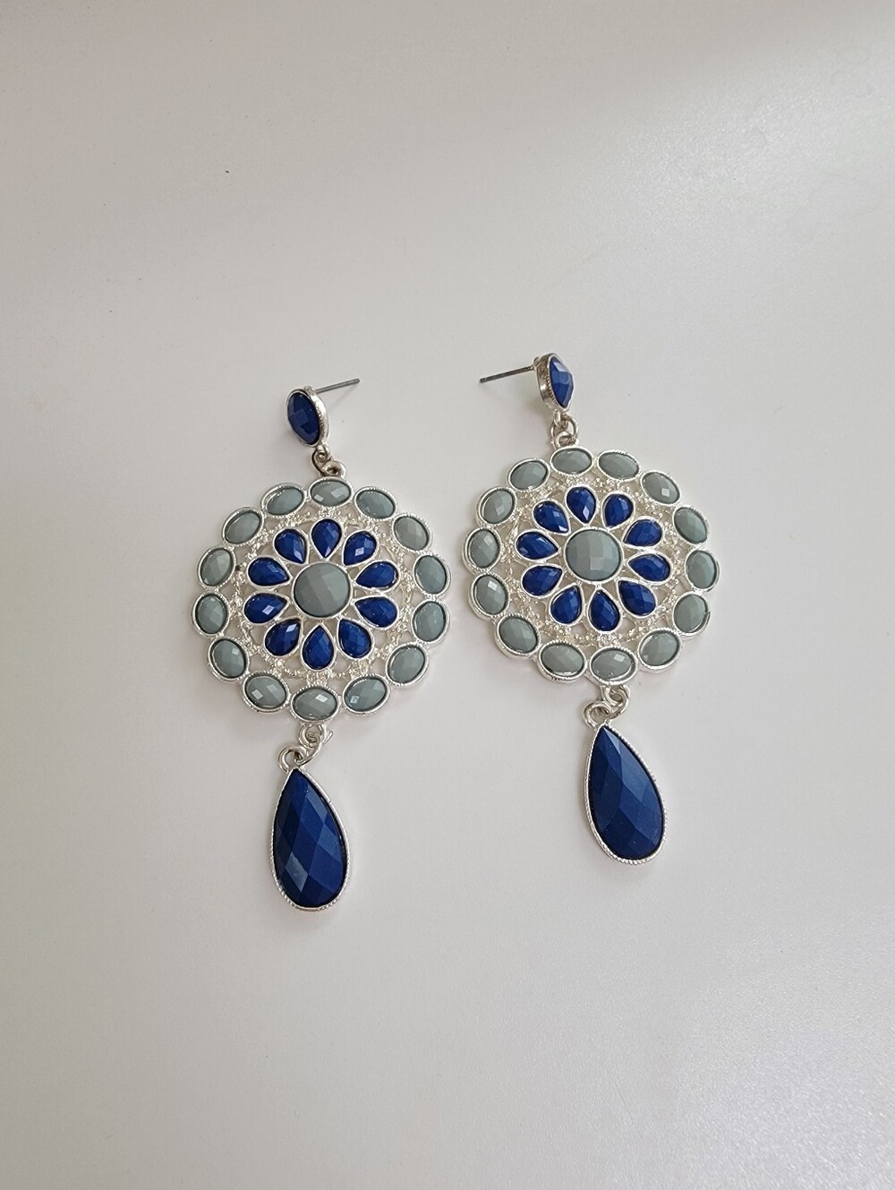 Blue and Sage Green Silver Gemstone Drop Earrings